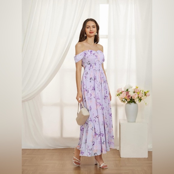 Grace Karin Floral Lavender A Line Maxi Dress Off or On the shoulder - Picture 10 of 13
